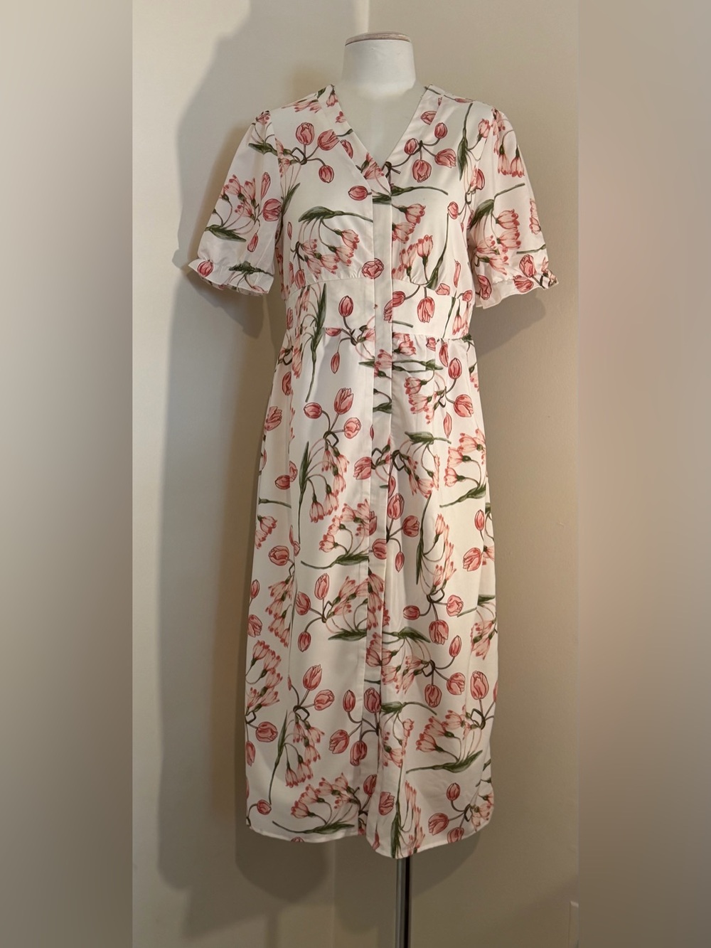 White Midi Dress with Pink Floral Tulip Print